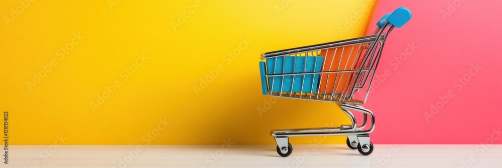 Poster vibrant omnichannel retail transition bold pop art e-commerce shopping cart on gradient background -