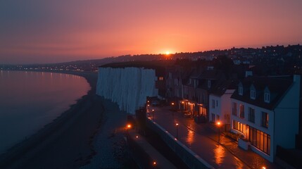 Fototapeta premium Stunning Sunset over Chalk Cliffs Coastal Town