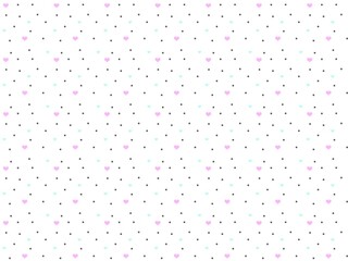Cute seamless pattern with tiny pastel pink and mint hearts and black polka dots on white background, perfect for Valentine cards, kids designs, fabric and wrapping paper.