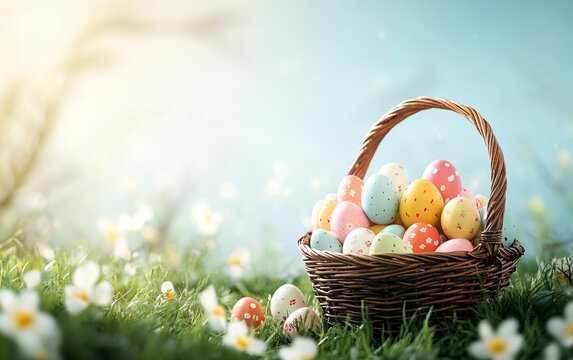 Easter background with a basket full of colorful eggs on green grass