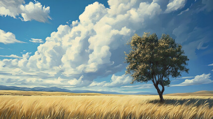 Fototapeta premium Lonely Tree in the Wilderness under Blue Sky and White Clouds