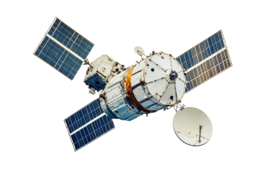 Space satellites orbiting in space communication on transparent background