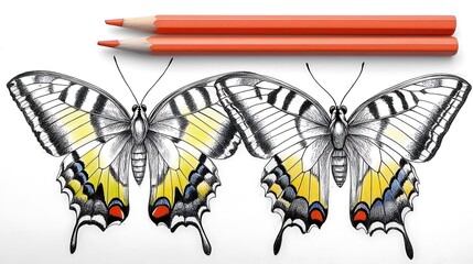 Two detailed pencil sketches of butterflies with colored pencils above.