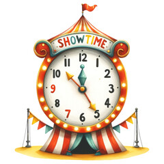 Cute circus concept. A colorful circus-themed clock featuring the word "SHOWTIME," with festive flags and decorations, captures a whimsical atmosphere of entertainment.