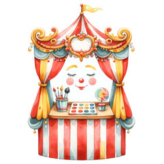 Cute circus concept. A colorful carnival booth featuring a cheerful clown face, art supplies, and a playful atmosphere.