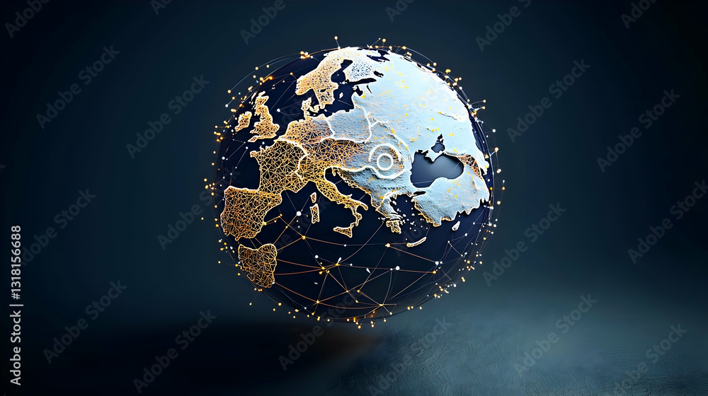 Poster 3d rendered illuminated globe highlighting europe with golden particles on dark blue background with
