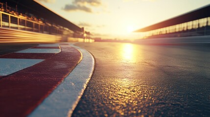 Obraz premium Sunset view of a race track's edge, showing the asphalt, red and white lines, and grandstands in the background.