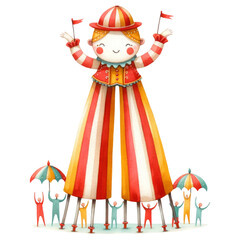 Cute circus concept. A whimsical illustration of a tall character in a striped outfit, surrounded by smaller figures holding umbrellas, creating a playful carnival atmosphere.