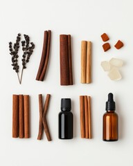 Obraz premium Minimalist Wellness Essentials Organic Aromatherapy Flatlay with Cinnamon, Lavender, and Essential Oils - Holistic Self-Care Branding for Mindful Lifestyle Entrepreneurs