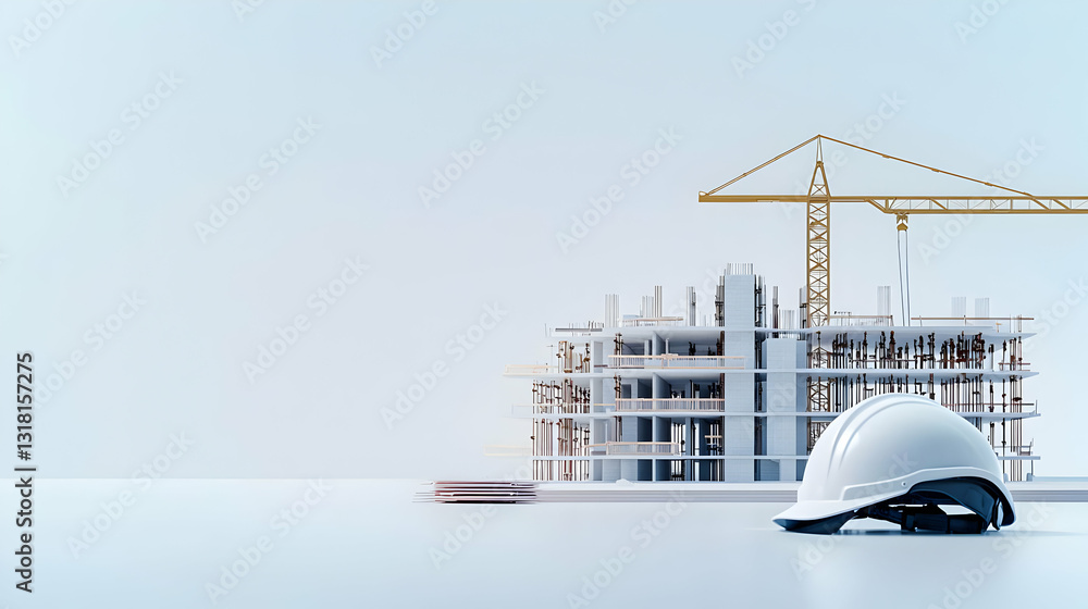 Aufkleber white construction helmet in front of 3d rendered building framework with crane on a minimalist whit