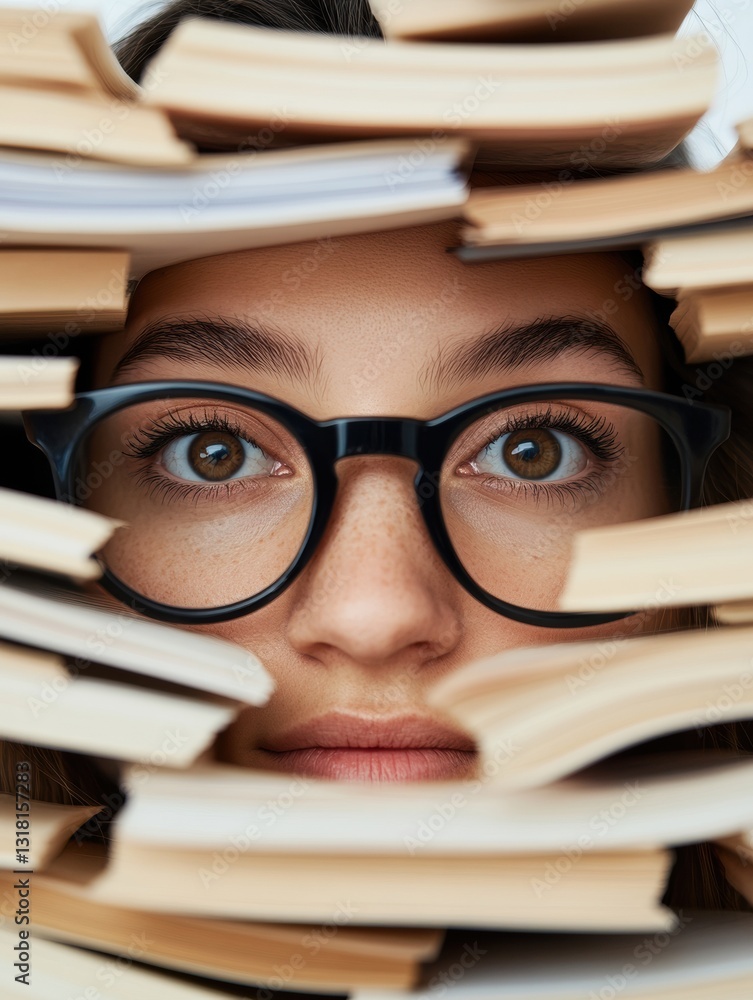 Poster Hyper-Focused Gen Z Knowledge Worker Immersive Learning Aesthetic with Minimalist Eyewear and Intellectual Documentary-Style Book Stack Composition