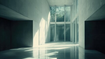 Obraz premium A modern interior space with large windows and bright light