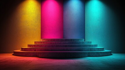 Obraz premium Concrete stage with four columns, lit by spotlights in vivid colors