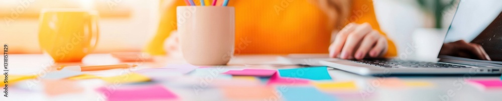 Poster hybrid workspace optimization gen z minimalist home office design with vibrant productivity tools, e