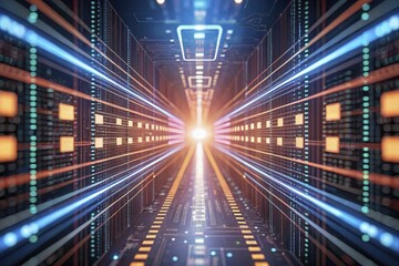 Fototapeta premium Abstract interplay of decentralized data streams and crypto ledger blocks, interwoven with radiant digital circuitry.