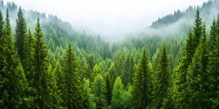 Foggy green pine trees background for health, nature, and travel concepts