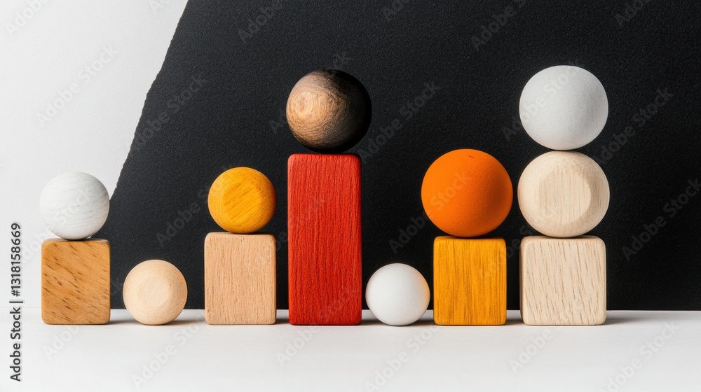 Poster minimalist geometric composition modern abstract design with wooden spheres and blocks - avant-garde
