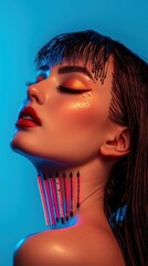 Fototapeta premium Close-up portrait of a person with dramatic makeup and illuminated necklace against a blue background