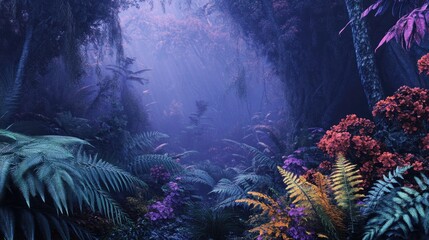 A mysterious vibrant forest scene with lush and colorful vegetation