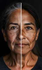 Fototapeta premium Juxtaposition portrait reflecting aging with detailed comparison of facial features differences
