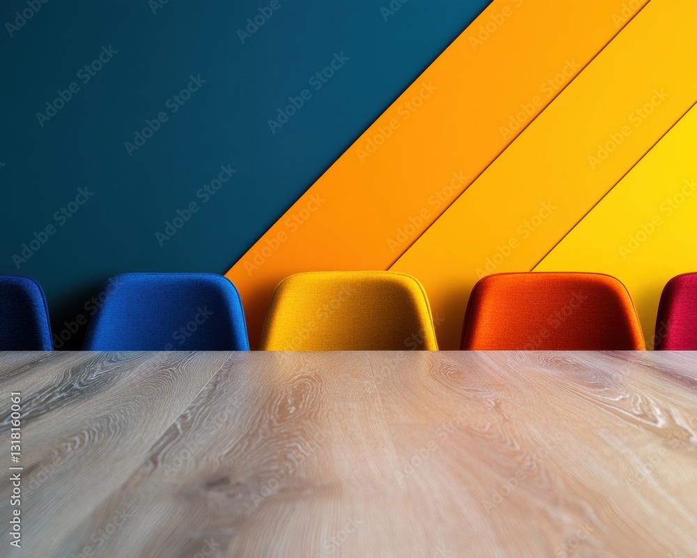 Aufkleber Vibrant Workplace Design Minimalist Color-Block Seating Array Showcasing Modern Collaborative Aesthetics and Ergonomic Innovation in Dynamic Professional Environments