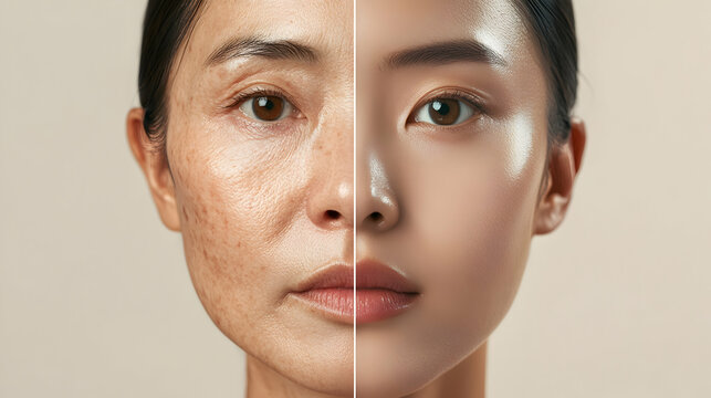 Comparison of rejuvenating treatment effect and skin textures on a woman face