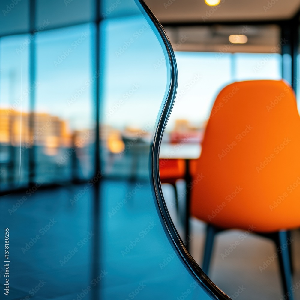 Poster Fluid Transparency Next-Gen Corporate Design Showcasing Flexible Workspace Innovation with Curved Glass, Minimalist Ergonomics and Urban Architectural Aesthetics