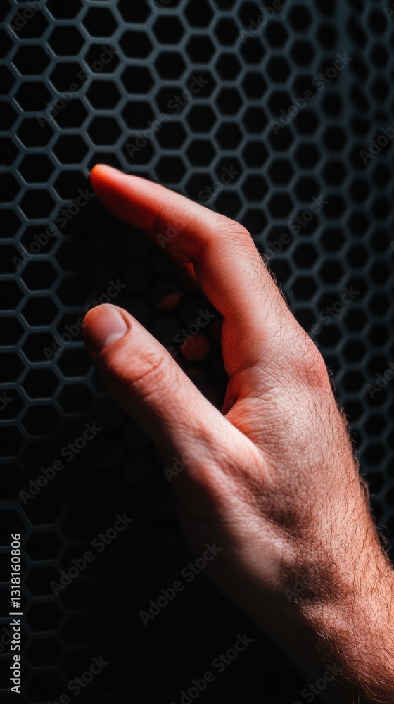 Poster Immersive Tech Interaction Sleek Minimalist Hand Gesture on Hexagonal Graphite Grid - Next-Gen Digital Interface Exploring Human-Technology Connectivity