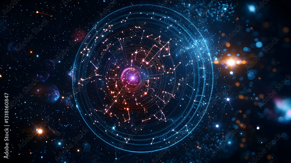 Poster abstract futuristic digital sphere with glowing particles and light rays in a dark blue purple red b
