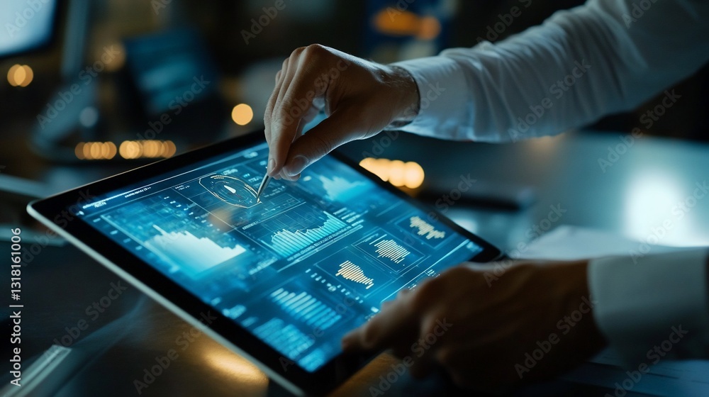 Poster analyzing financial data on a tablet: interactive insights and innovation