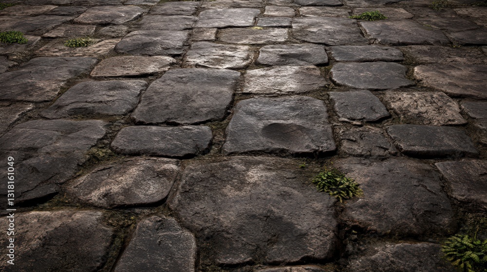 Poster ancient cobblestone pathway with weathered texture and sparse vegetation growth