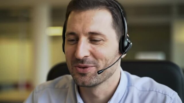 Smiling Middle-Aged Caucasian Man in a Business Setting Wearing a Headset, Engaged in a Professional Call at a Modern Workplace Environment