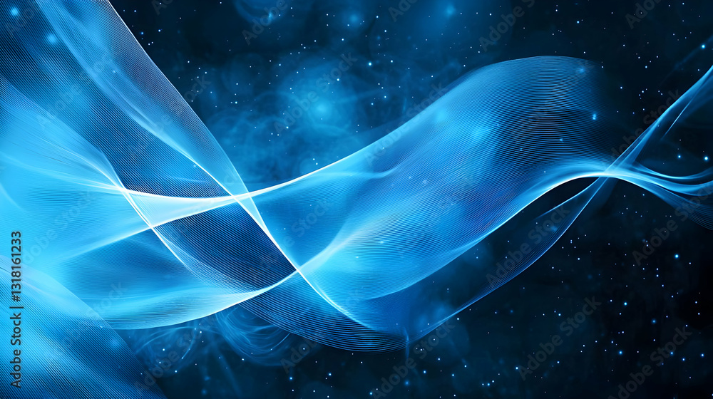 Poster vivid blue abstract wave in cosmic space with glowing particles and dynamic energy flow on dark back