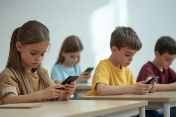 Focused schoolchildren using cellphones while sitting at desks in school classroom interior during break, copy space