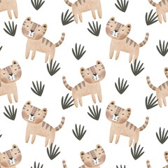  Seamless pattern with cartoon tiger, decor elements. colorful illustration for kids. hand drawing, flat style. baby design for fabric, print, textile, wrappe