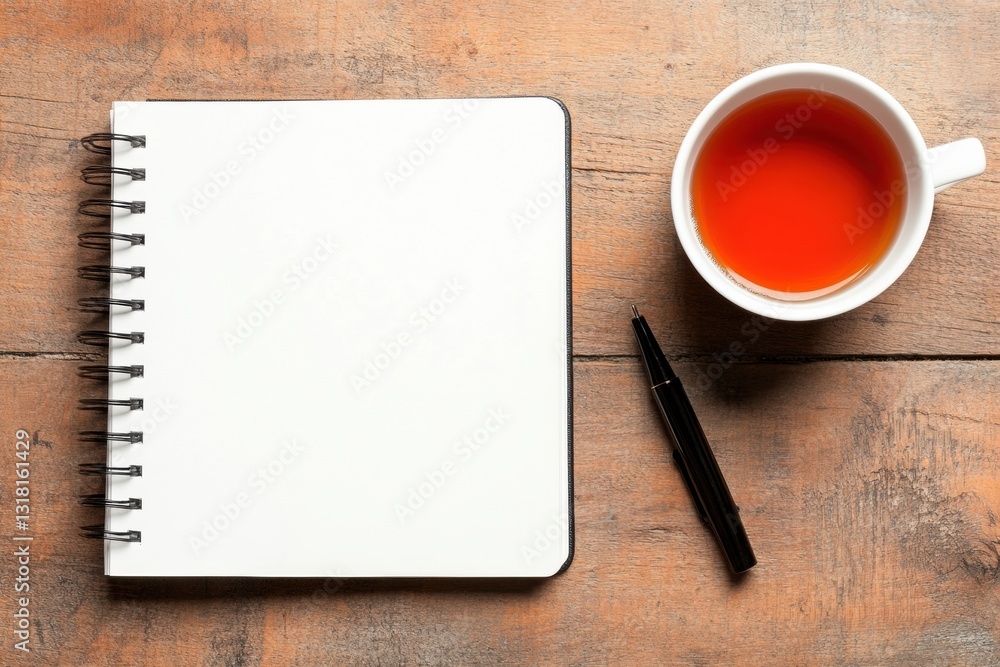 Poster mindful productivity essentials minimalist workspace design with herbal tea, open notebook and zen w