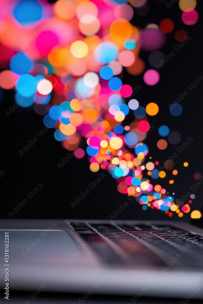 Poster Vibrant Digital Transformation Immersive Bokeh Light Visualization Emerging from Sleek Laptop Keyboard - Creative Tech Innovation and Multimedia Storytelling