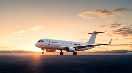 Naklejka premium White Passenger Airplane Taxiing on Runway During Golden Hour Sunset at an Airport