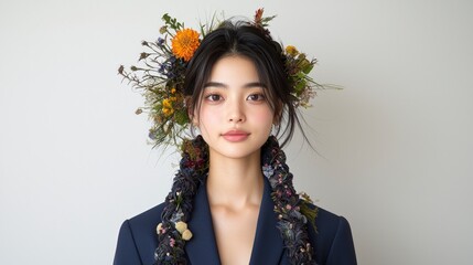 Confident Asian Woman Floral Headpiece  Stylish Blazer Portrait