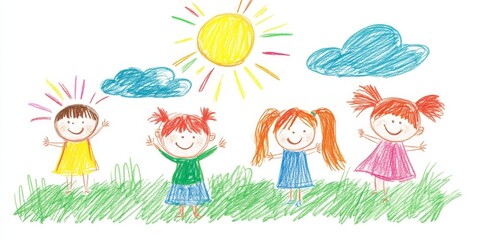 Child drawings. Kids doodle paintings, children crayon drawing and hand drawn kid  illustration