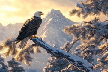 Fototapeta premium Majestic bald eagle perched on a snow-covered pine branch at sunset, overlooking a winter mountain landscape.