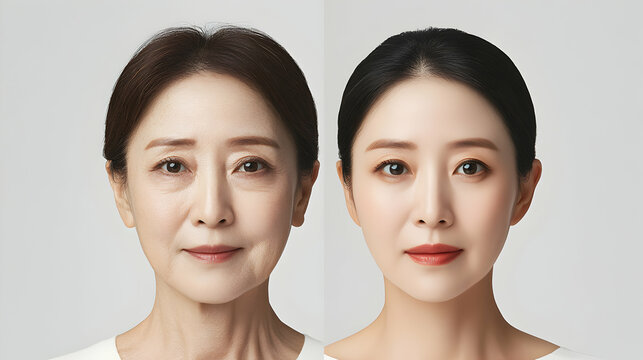 Aging transformation comparing youthful look alongside a mature visage reflecting experience