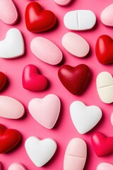 Fototapeta premium Wellness Valentines Romantic Heart-Shaped Pharmaceutical Supplements Reveal Modern Love and Self-Care Aesthetic for Millennial Health-Conscious Consumers