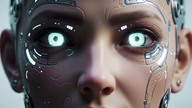 Close-up of a Gender-Neutral Futuristic Human-like Robot with Glowing Eyes, Showcasing High-Tech Facial Features and Advanced Artificial Intelligence Technology