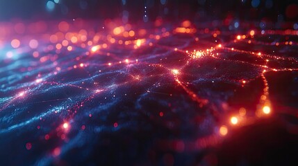 Obraz premium Blockchain visualization with connected nodes forming holographic network structure, data transfers shown as light pulses