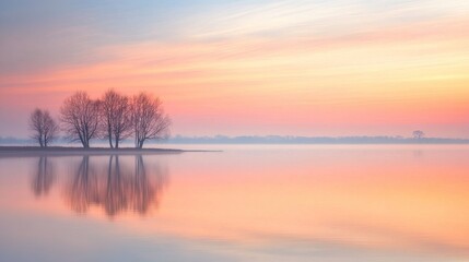 Fototapeta premium A tranquil sunrise over a peaceful lake, with soft orange and pink hues reflecting on the water, creating a calm and reflective scene.