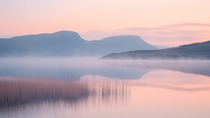 Fototapeta premium A tranquil sunrise over a peaceful lake, with soft orange and pink hues reflecting on the water, creating a calm and reflective scene.