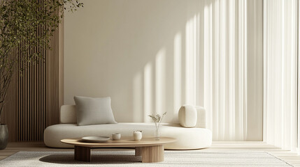 A serene interior featuring a plush, modern sofa, minimalist wooden coffee table, and gentle natural light filtering through sheer curtains, complemented by greenery.