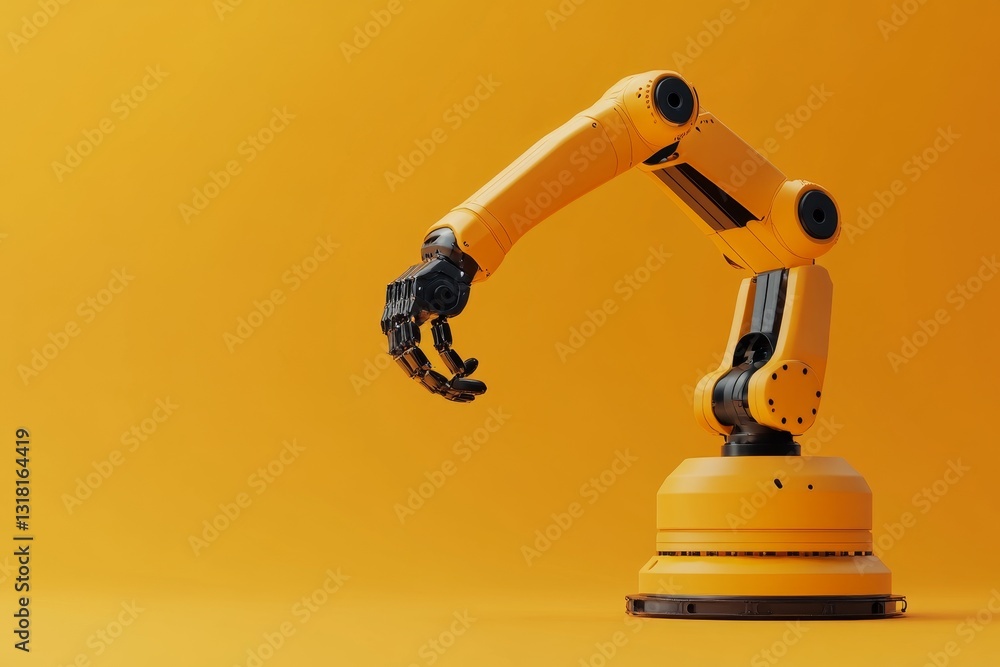 Poster a robot with a yellow arm is standing on a yellow background. the robot's arm is extended, and it is