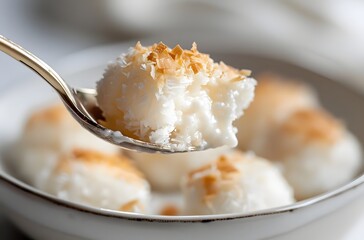 Enticing Close-Up of Khanom Krok Thai Coconut Dessert Lifting on a Spoon